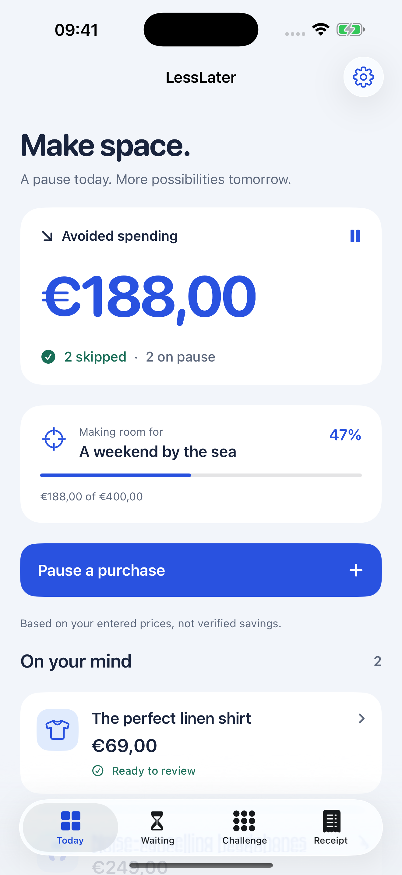 LessLater app: €188 of purchases skipped toward a weekend by the sea
